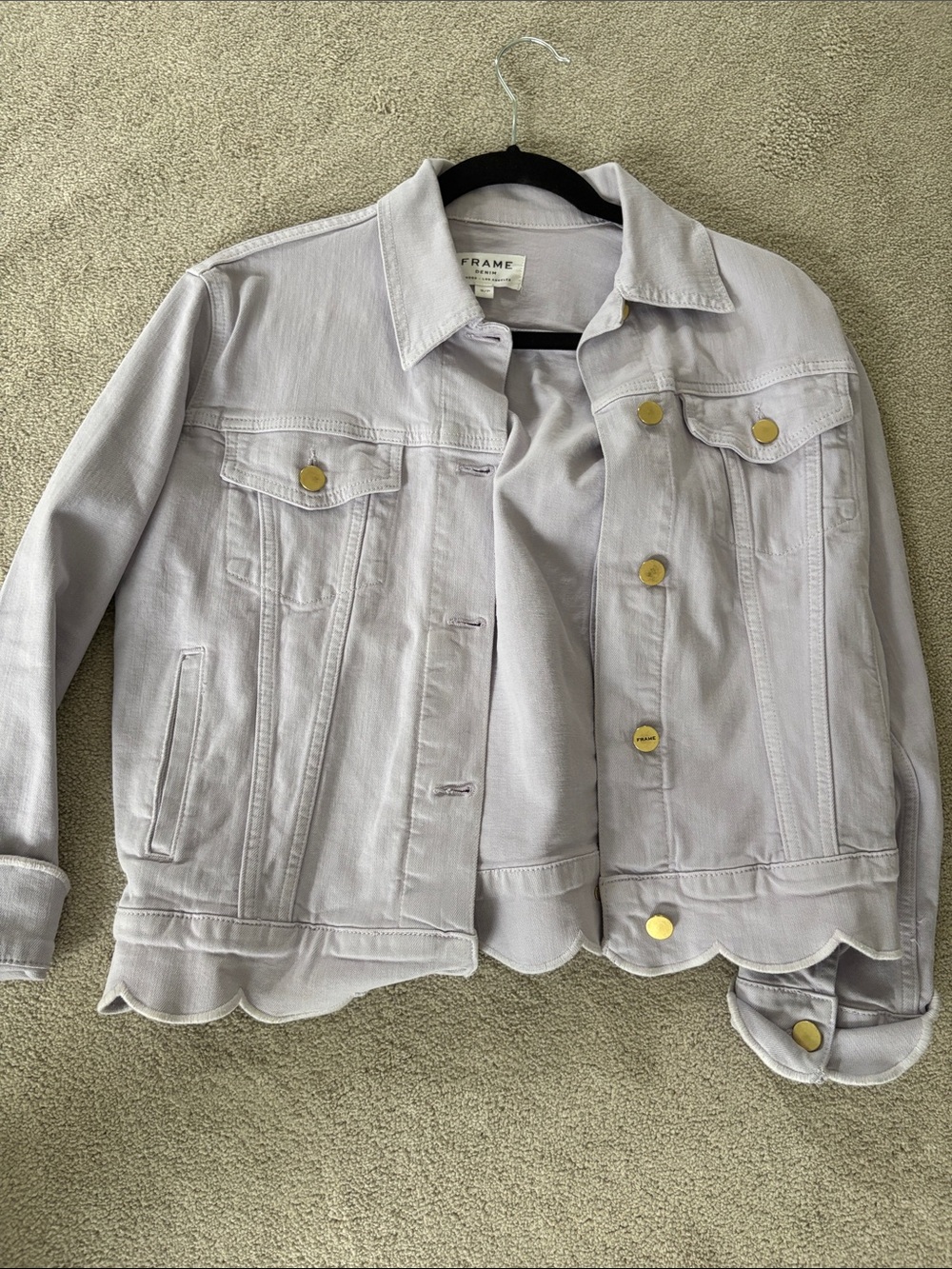 Frame Denim Lavender Scalloped Hem Jean Jacket with Gold Buttons